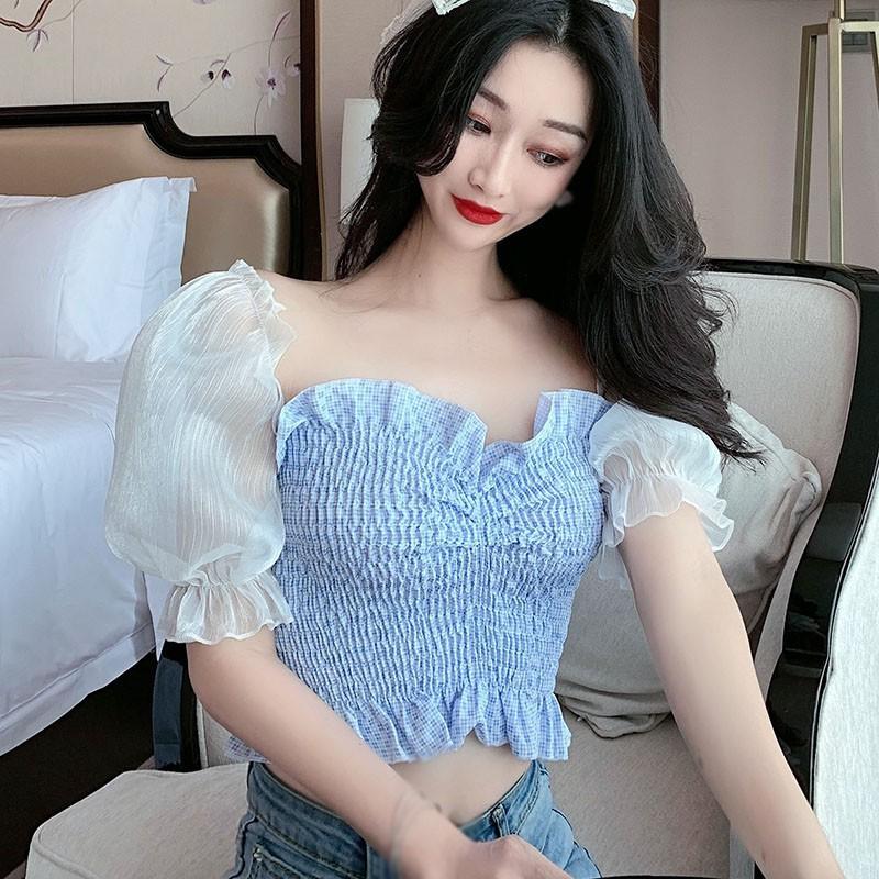 Áo Kiểu Vải Voan Tay Ngắn Cổ Vuông Thiết Kế Quyến Rũ Cho Nữ