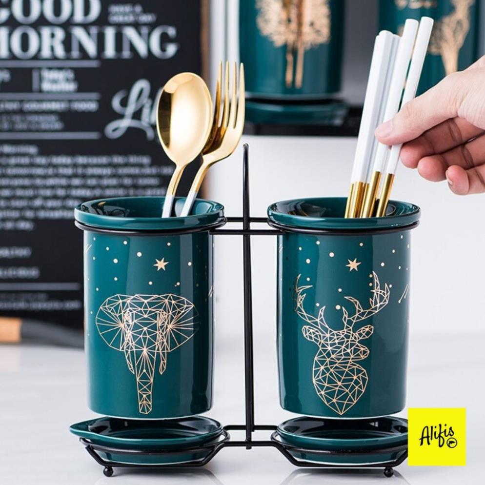 Ống đựng đũa thìa bằng sứ cao cấp phong cách Bắc Âu – xanh cổ vịt sang trọng – HÀNG CÓ SẴN