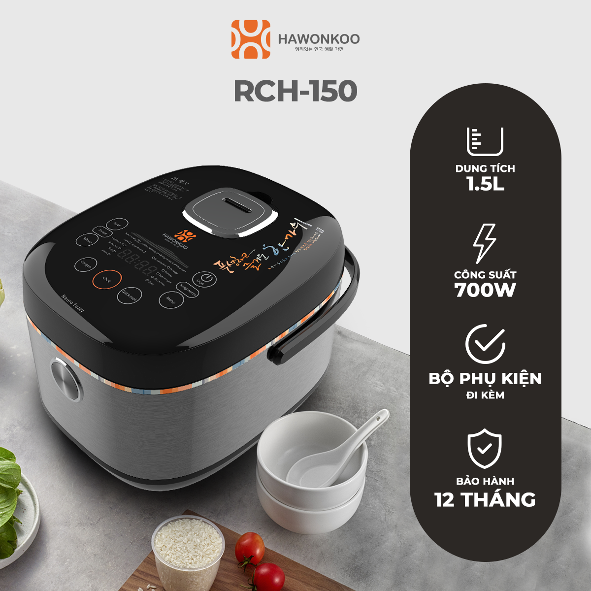 Nồi Cơm Điện Tử HAWONKOO RCH-150-BA 1,5 Lít Nấu Cơm Ngon Hàng Chính Hãng Bảo Hành 12 Tháng - Thương Hiệu Hàn Quốc