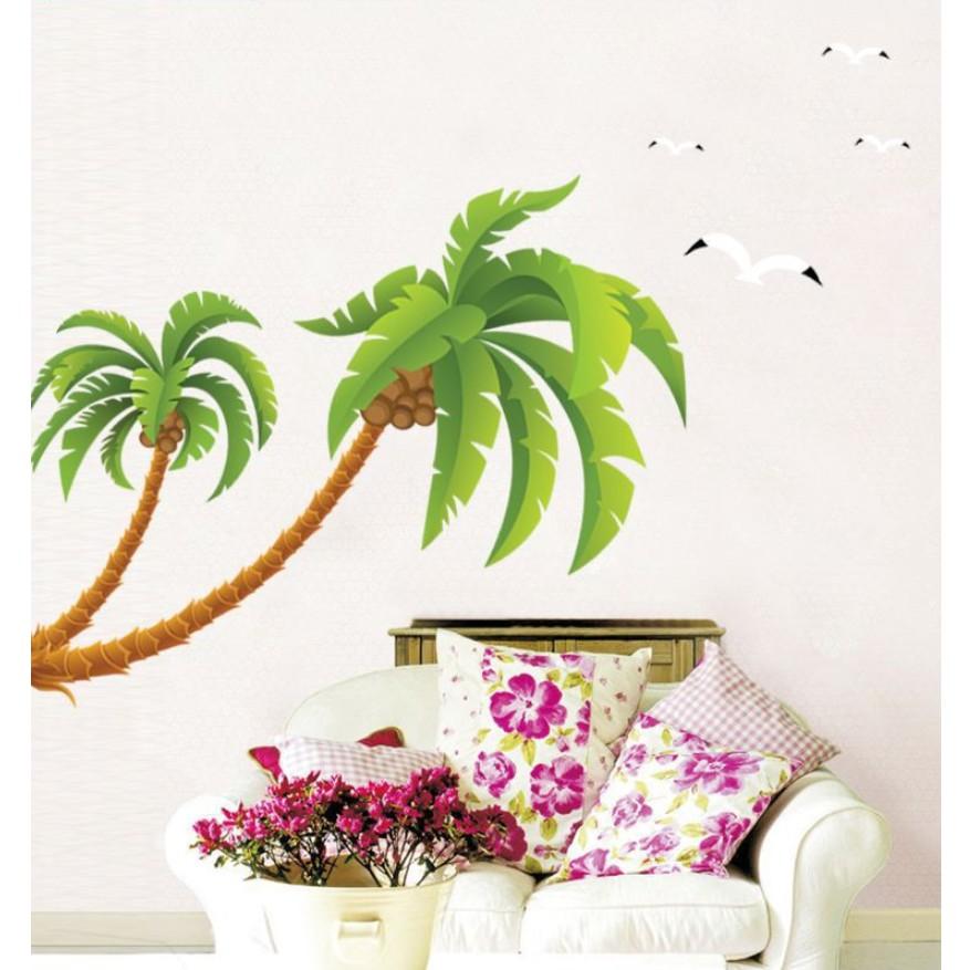 Decal trang trí tường - Cây Dừa Bãi Biển Xanh Lá size lớn