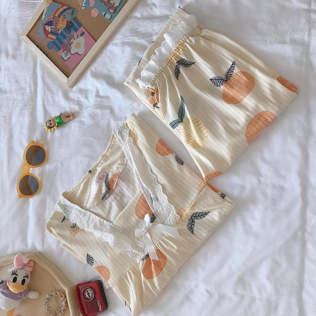 Pijama- Bộ Ngủ Nữ Dài Tay Phối Ren Nơ Cách Điệu DDTT01