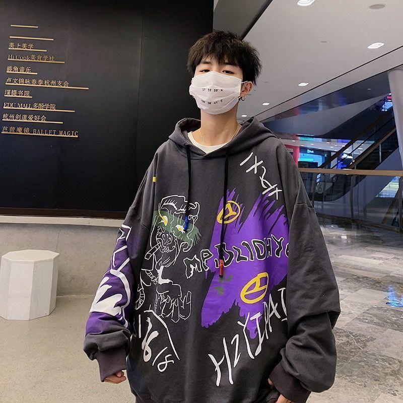 Áo Hoodie Nam Nữ Tay Dài Mũ Nón Dáng Rộng In Hình Cá Tính Phong Cách Thu Đông