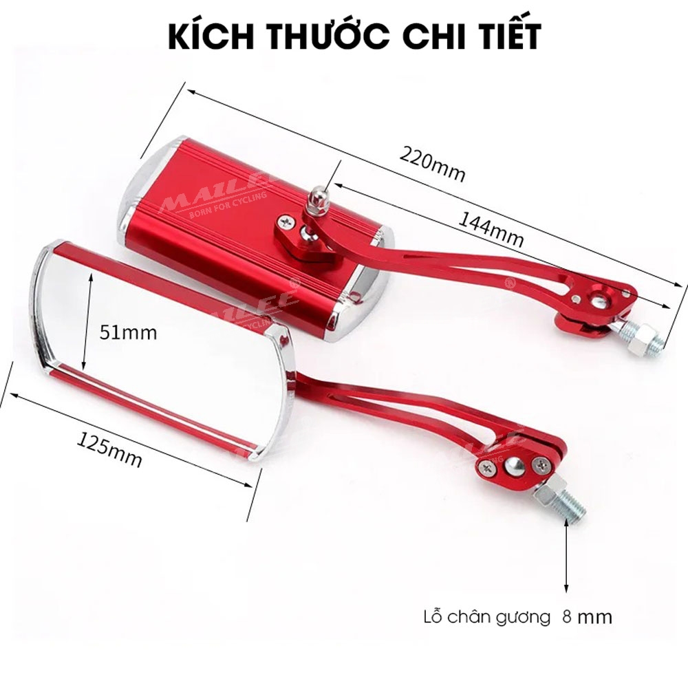 Gương Vuông Xe Đạp quan sát chiếu hậu xe đạp/ xe đạp điện 360 độ (2 chiếc/ bộ), chất liệu hợp kim nhôm (đã kèm theo pad chân gương lỗ 8mm) - Mai Lee