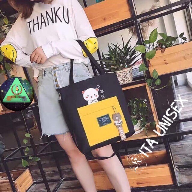 Túi Tote Vải Canvas Nữ Có Khóa Ulzzang Hot Trend Kita Unisex - Mẫu MÈO CUTE - Ảnh thật