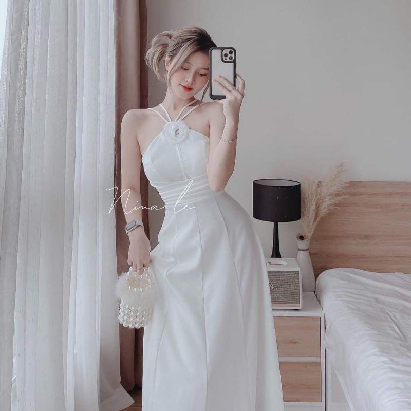 ĐẦM ĐAN DÂY TRẮNG ĐEN DỰ TIỆC KẾT HOA