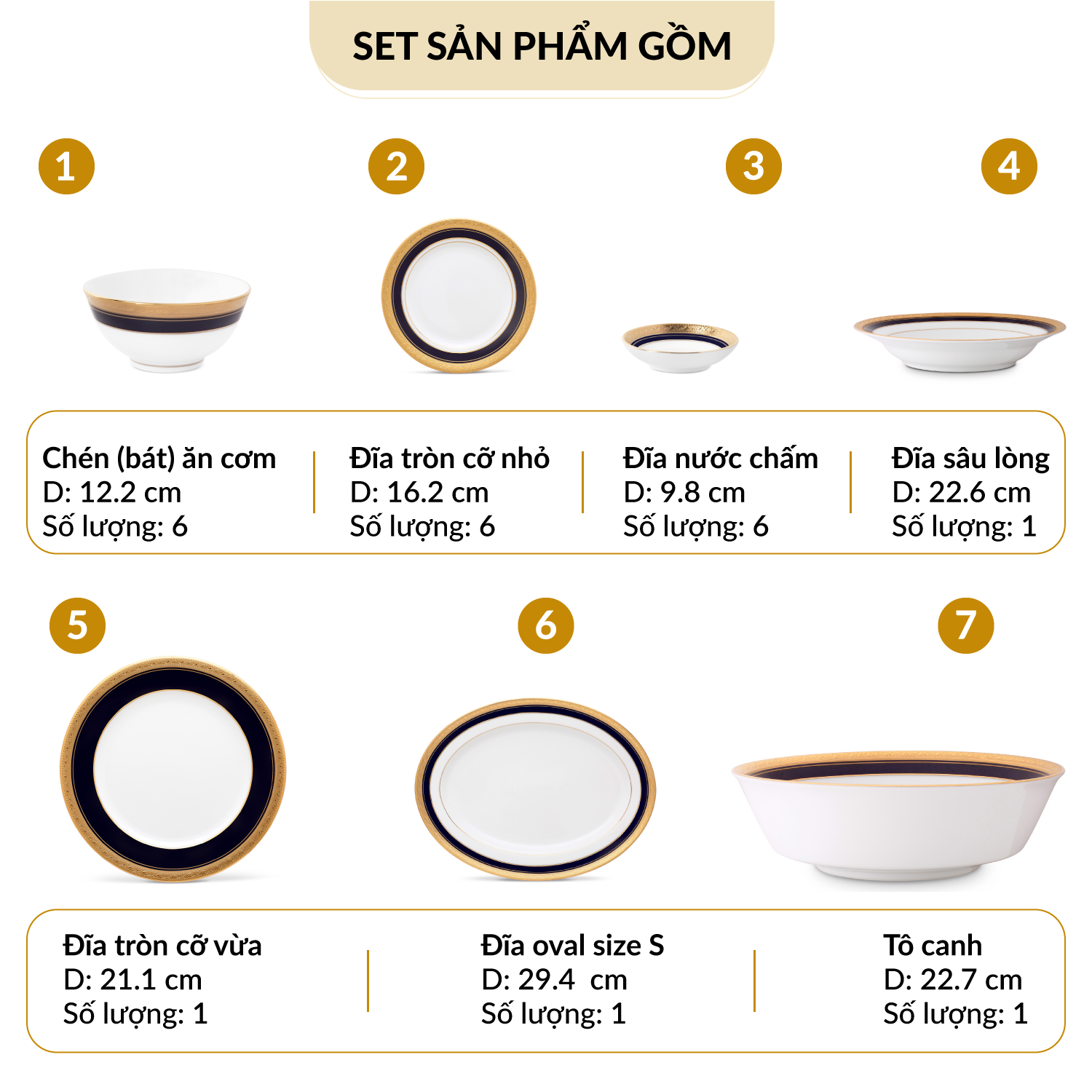 Bộ Bàn Ăn Châu Á Cơ Bản 22 Món Noritake dòng Crestwood Cobalt Gold sứ trắng cao cấp