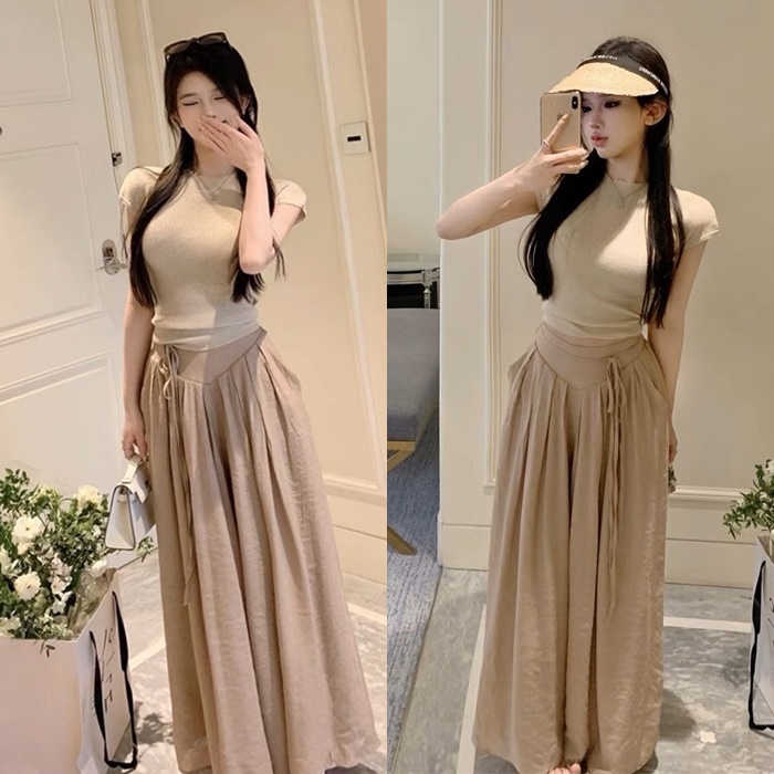 SET QUẦN ỐNG RỘNG GIẢ VÁY MIDI XẾP LY DÂY RÚT LƯNG THUN CAO MAXI + ÁO THUN 3 LỖ PASTEL ĐI TIỆC DẠO PHỐ ĐI CHƠI ĐI BIỂN
