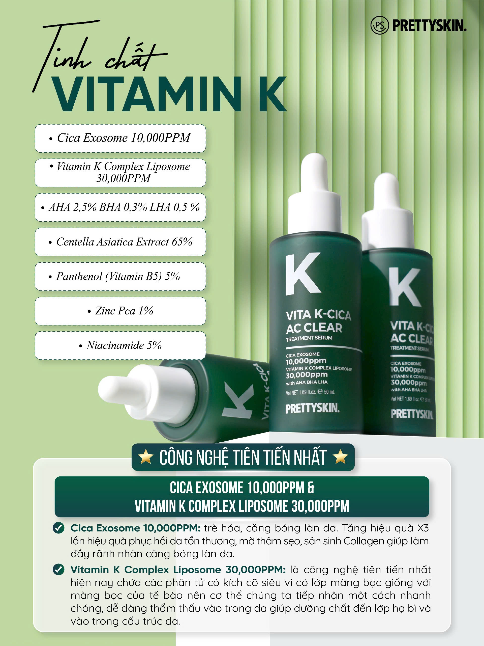 Serum hỗ trợ ngừa mụn Vita K - Cica Ac Clear Pretty Skin phục hồi - căng bóng - tái tạo làn da 50ml
