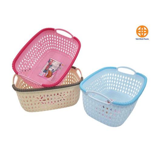 Rổ nhựa giả đan mây có quai cầm size nhỏ - Giỏ Hàn xinh xắn