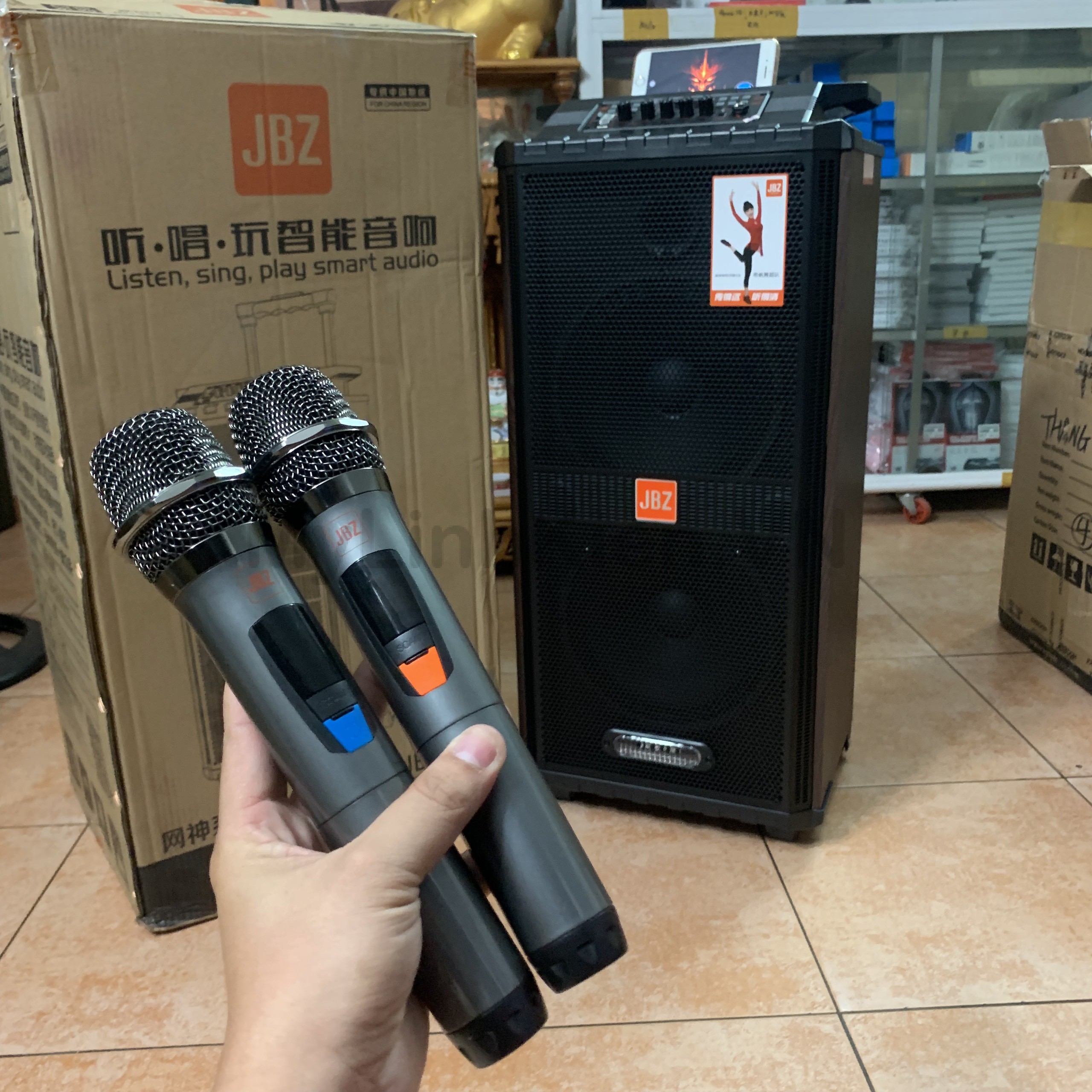 Loa kẹo kéo bluetooth JBZ 1012 karaoke 2 bass đôi - Hàng nhập khẩu
