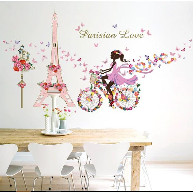 Decal trang trí Tháp Pasis Hồng Cô Gái Xe Đạp hoa A.H