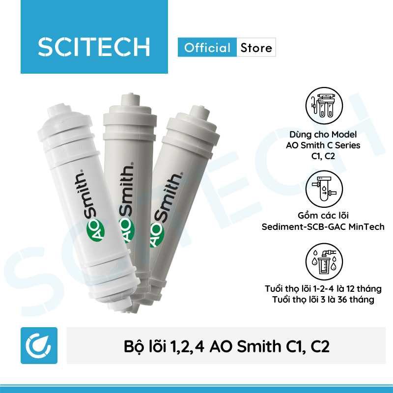 Bộ lõi máy lọc nước AO Smith C1/C2 - Z4/Z7 kèm co nối Scitech cho lõi nối nhanh - Hàng chính hãng