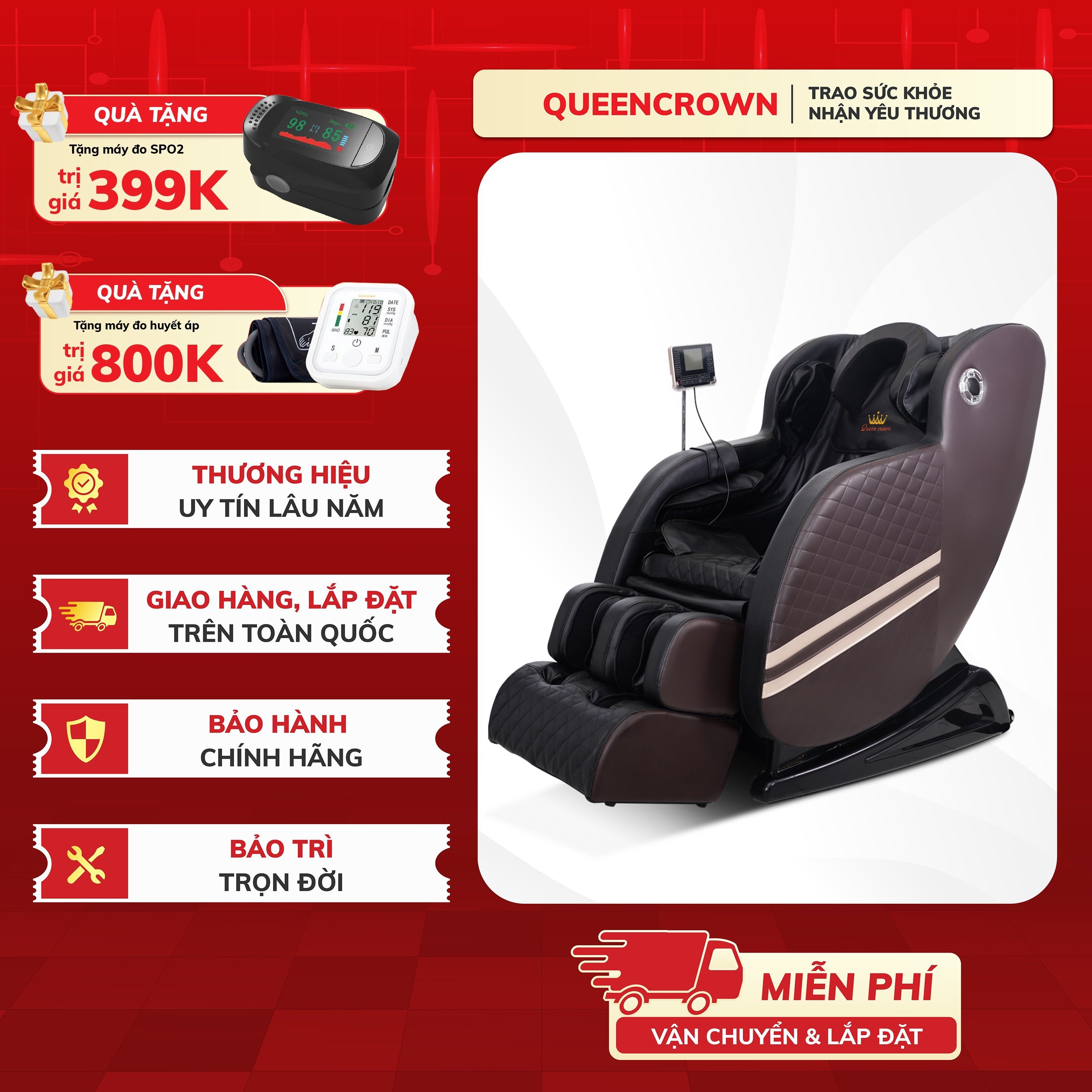 Ghế Massage QUEEN CROWN QC-V9 Chất Lượng Cao - Máy Mát xa Toàn Thân Tích Hợp Nhiệt - Hàng Chính Hãng
