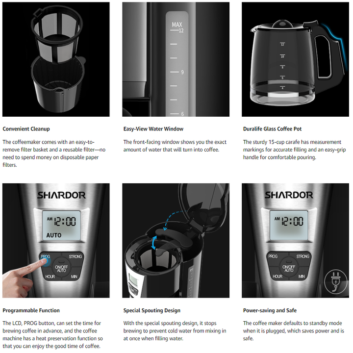 Máy pha cà phê tự động cao cấp nhãn hiệu Shardor CM515B - Công suất: 1000W - Dung tích: 1800ml - HÀNG NHẬP KHẨU