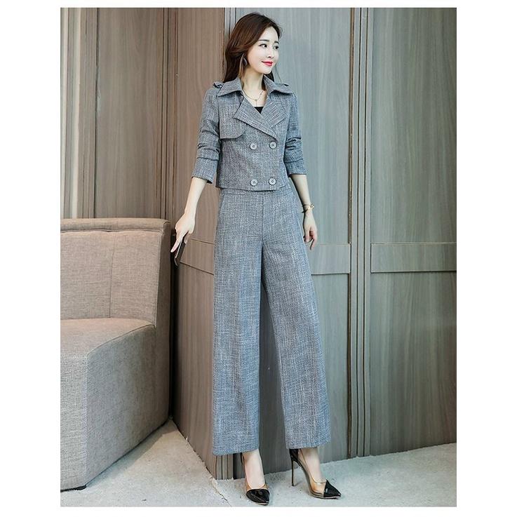 Set Bộ Vest Quần Ống Rộng Áo Form Ngắn Cổ Cách Điệu