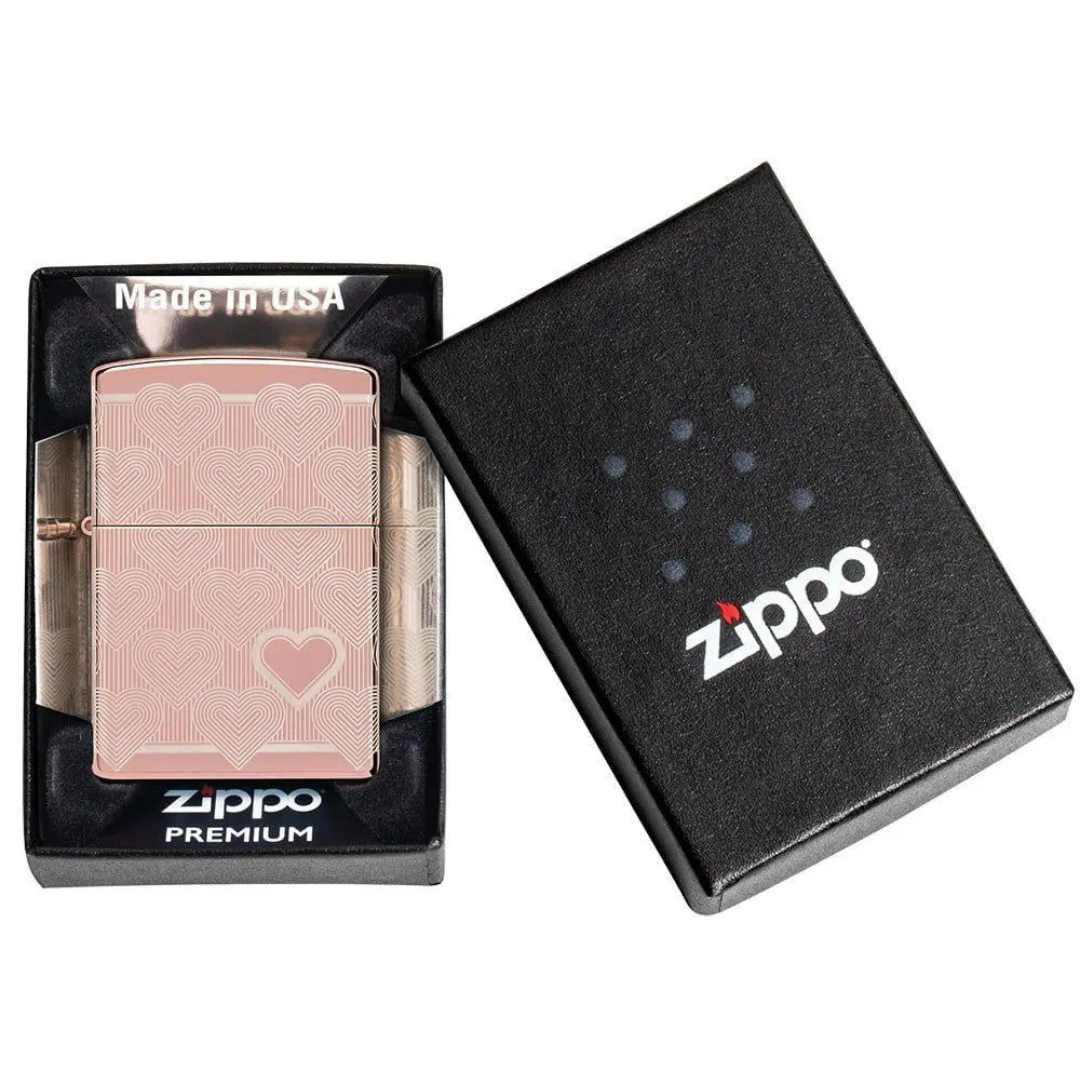 Bật Lửa Zippo Heart Design High Polish Rose Gold - Vỏ Mạ Vàng Hồng Khắc Laser 360 Độ Hình Trái Tim