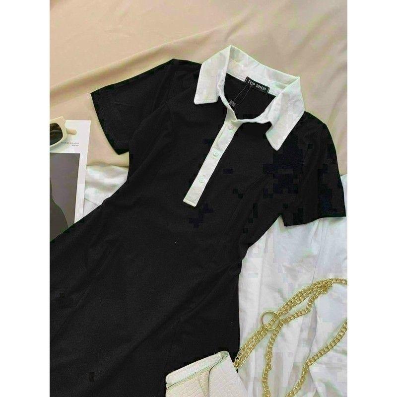 VÁY POLO DÁNG XÒE MÀU ĐEN PHỐI CỔ TRẮNG / ĐẦM POLO CỔ BẺ