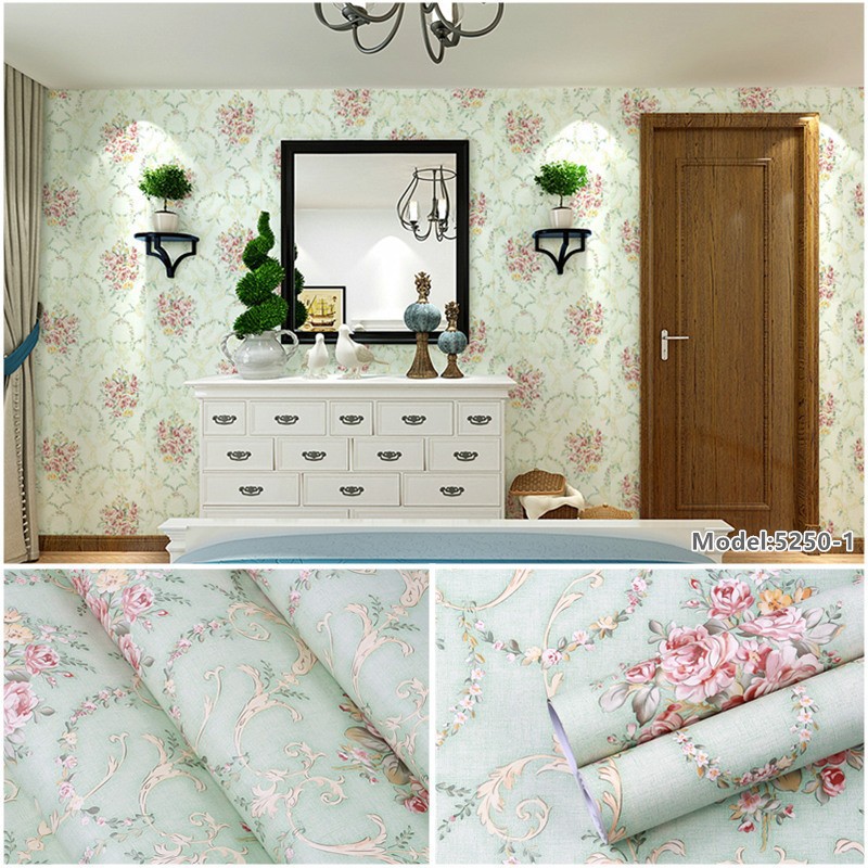Combo 10 mét giấy dán tường, decal dán tường trang trí nhà cửa HOA CHÙM HỒNG CỔ ĐIỂN XANH khổ 45cm