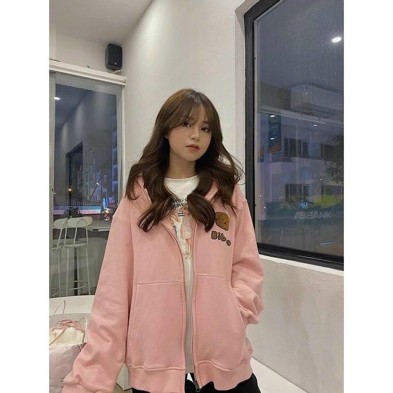 Áo Khoác Hoodie Nỉ Bông Gấu BIBOO Khoác Zip Form Rộng Unisex Nam Nữ Ulzzang