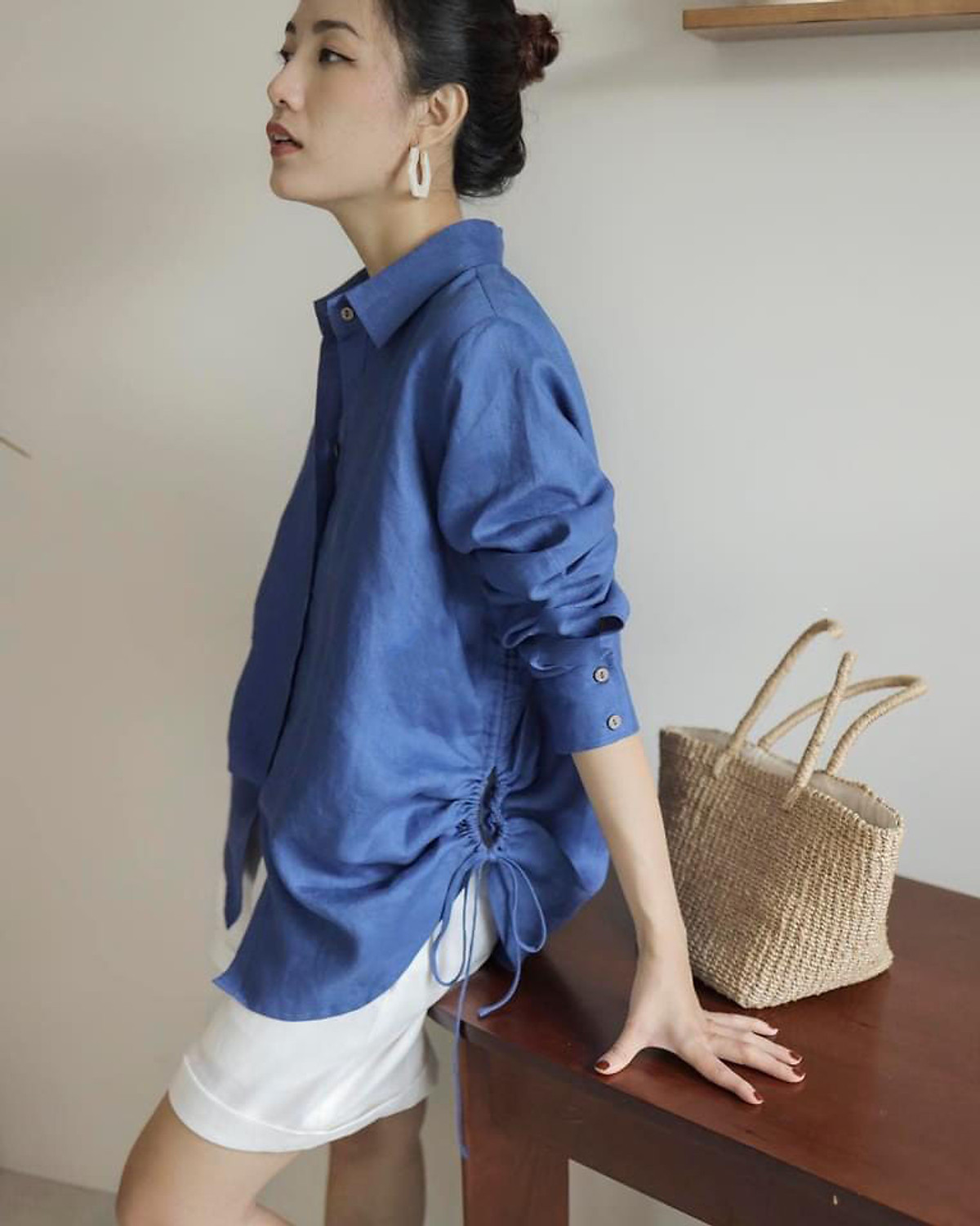 Sơ mi nữ linen form rộng rút eo trẻ trung