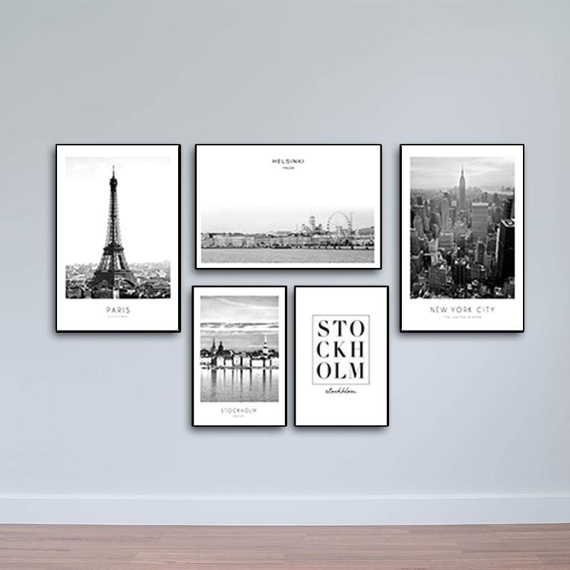 Bộ 5 tranh treo tường quán cà phê chủ đề thành phố lớn W392