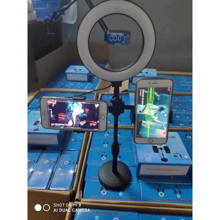 Đèn Livestream Để Bàn 3 Chế Độ Sáng - Kẹp 2 Điện Thoại Có Đèn Hỗ Trợ, Quay Tiktok, Make Up