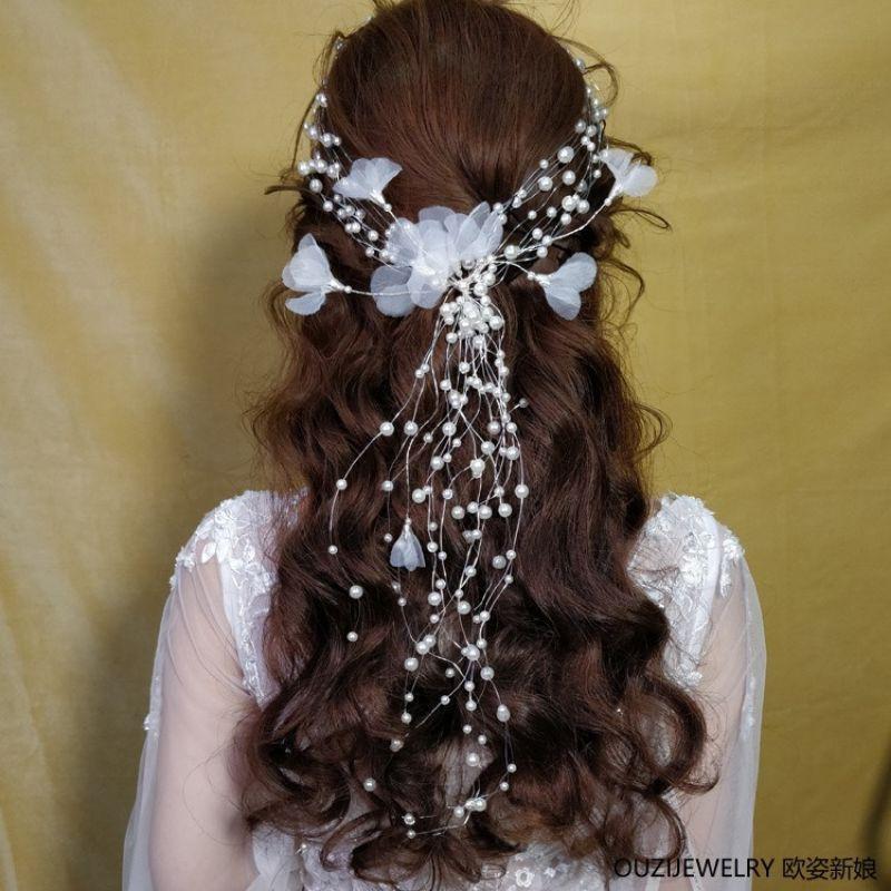 Cài tóc cô dâu -phụ kiện cưới giang - cài tóc hạt trai nhiều lớp đính hoa voan SP002895