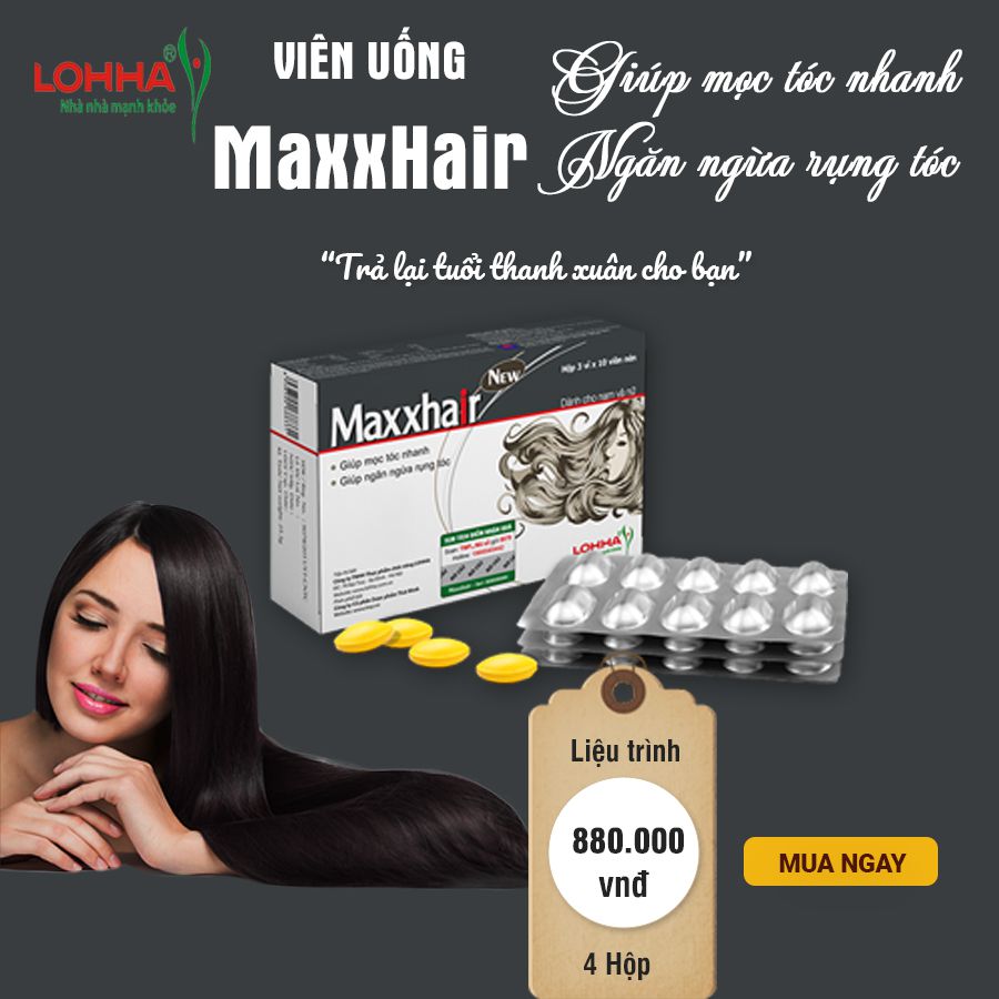 Thực phẩm bảo vệ sức khỏe Maxxhair New hộp 30 viên- Bổ sung Vitamin và khoáng chất giúp tăng cường sức khỏe của tóc; giúp tóc mọc nhanh, chắc khỏe, suôn mượt và bóng đẹp, ngăn ngừa rụng tóc, đồng thời giúp thải độc do ảnh hưởng của các hóa chất sử dụng ch