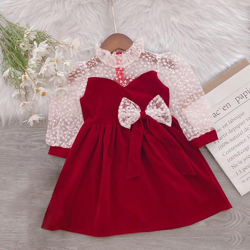 Váy Nhung Đỏ Phối Ren Hoa Nơ  Xinh Xắn Bé Gái Dịp Đầy Tháng, Noel, Tết - HV1 - Đỏ đô