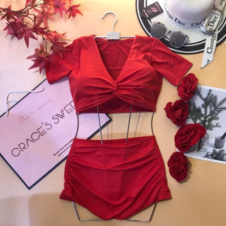 bikini hai mảnh áo croptop cộc tay sẵn mút nâng ngực quần đùi nhún che bụng
