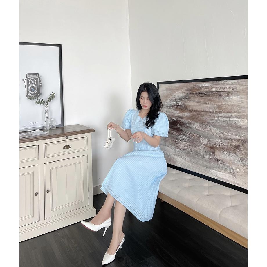 BBSTORE'S Đầm Xòe Tay Phồng Caro Nút Bọc Thời Trang Cho Nữ Đi Làm Đi Tiệc -D1056