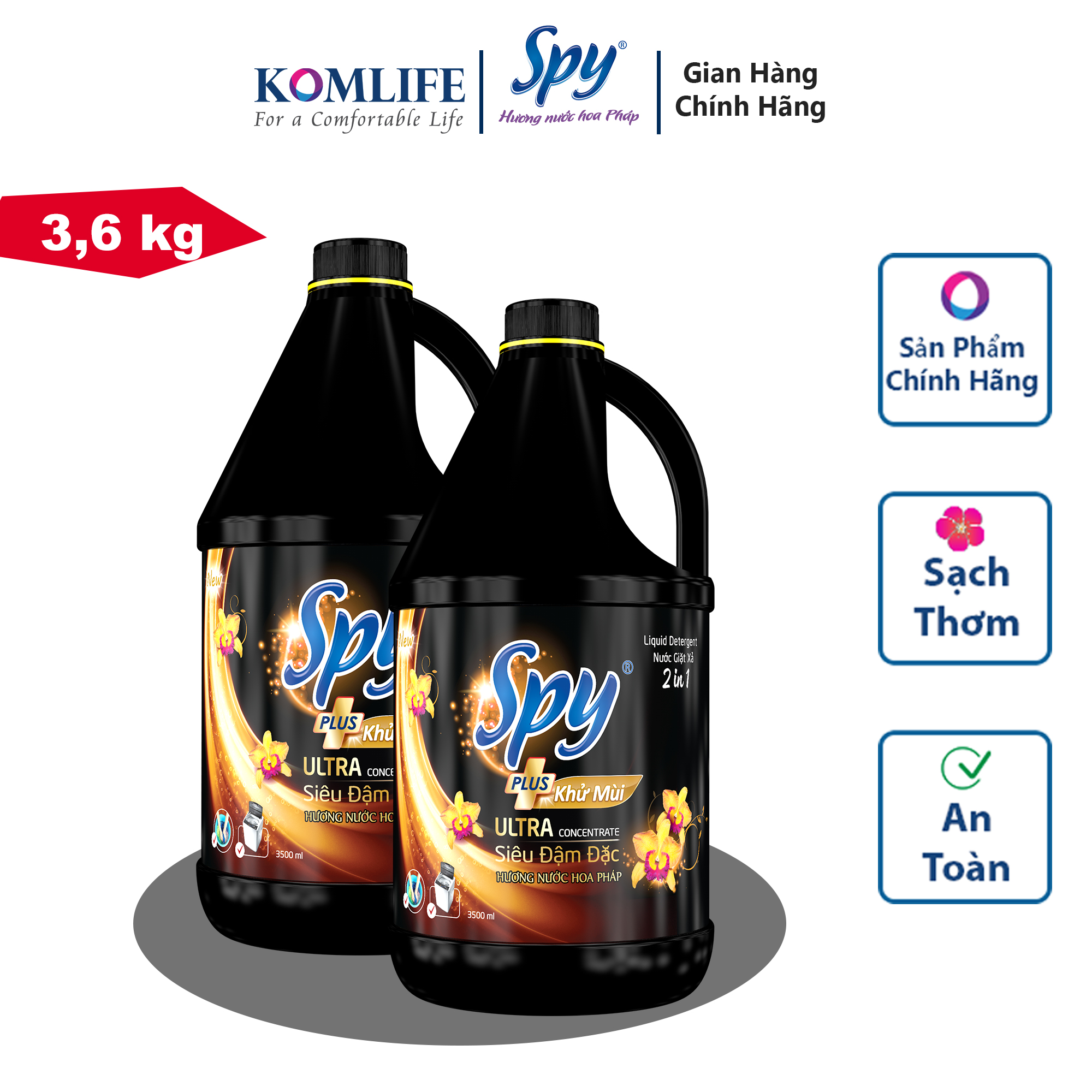 Nước giặt xả SPY Ultra Clean Plus can màu VÀNG 3,6 kg 2 trong 1 Sạch sâu Thơm lâu Diệt khuẩn