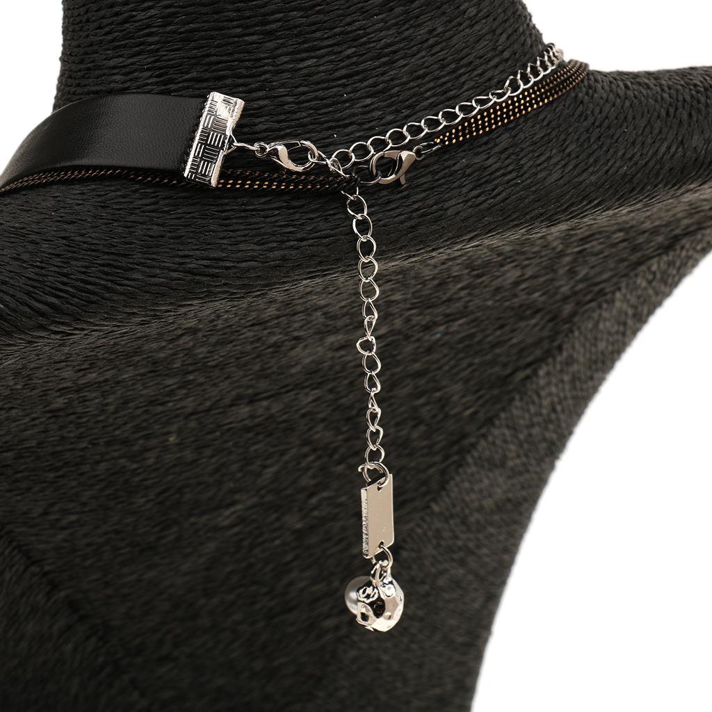 Simple Multilayer Chain Pearl Pendant PU Leather Choker Short Necklace Black