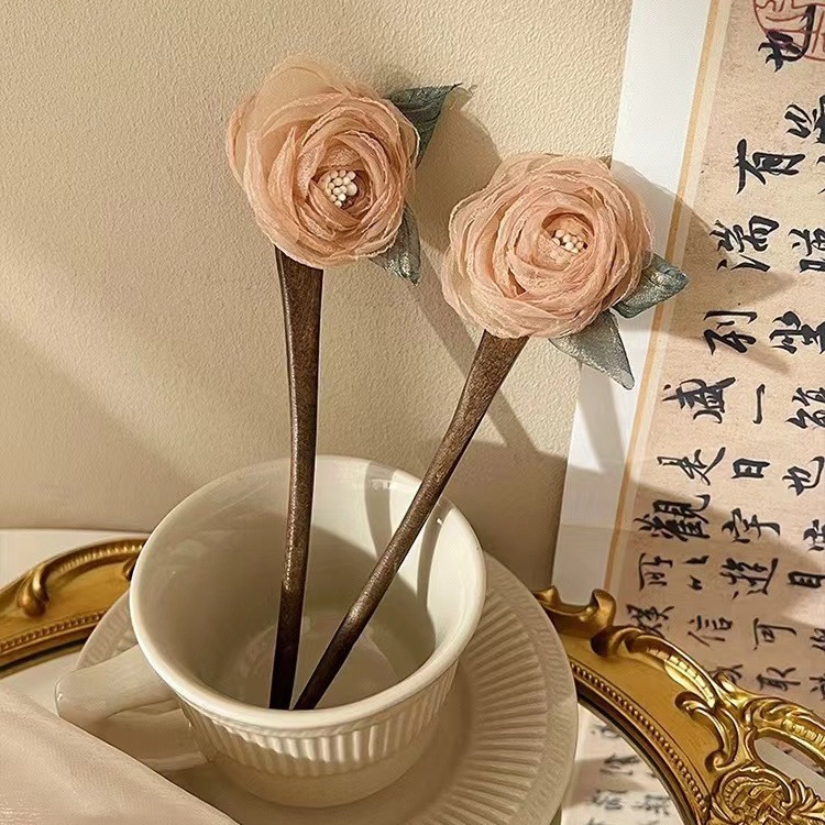 Trâm cài tóc hoa hồng thiếu nữ, phụ kiện búi tóc, dụng cụ búi tóc làm tóc style cổ trang thanh lịch