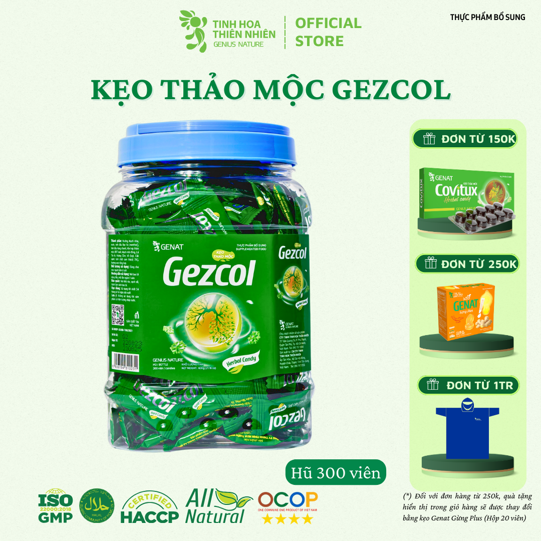 Kẹo Thảo Mộc Gezcol Hủ 300 Viên - Genat - Giao 2H Hcm
