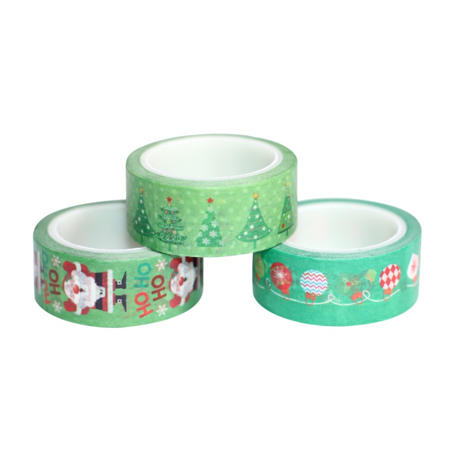 Combo 3 Cuộn Băng Keo Giấy Trang Trí Washi Tape Chủ Đề Giáng Sinh - Xanh Lá