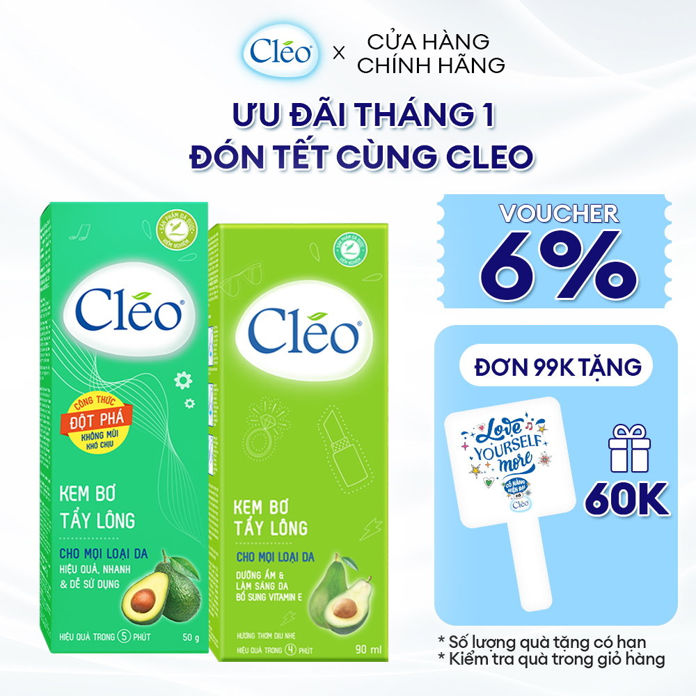 Combo Kem Bơ Tẩy Lông Nách Cléo 50g Hương Thơm Dễ Chịu & Lotion Tẩy Lông Tay, Chân Cléo 90ml cho Mọi Loại Da Kể Cả Da Nhạy Cảm