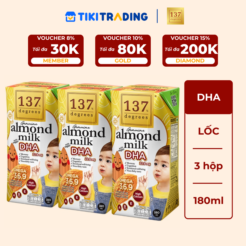 Lốc 3 hộp Sữa hạt Hạnh nhân DHA 137 DEGREES 180ml