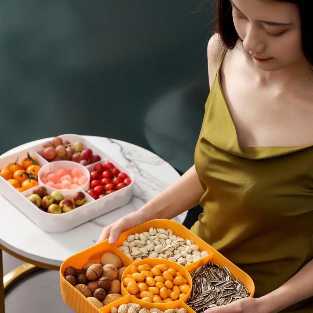 Hộp Mứt 2 Tầng 5 Ngăn Bằng Nhựa,Chất Liệu Lúa Đựng Bánh Kẹo Hoa Quả