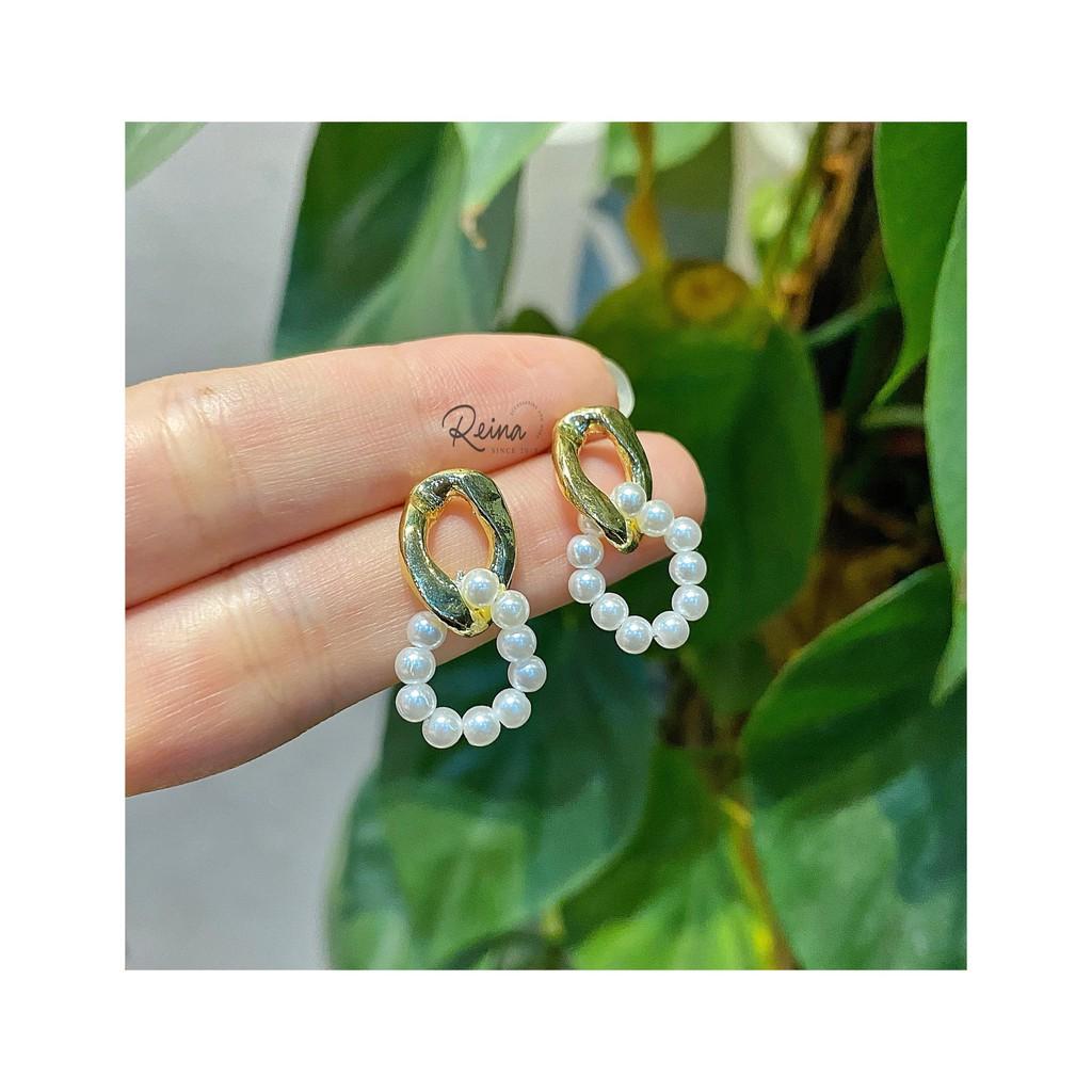 Khuyên tai nữ phong cách Retro kiểu dáng double bạc S925 Reina đính hạt trai cao cấp