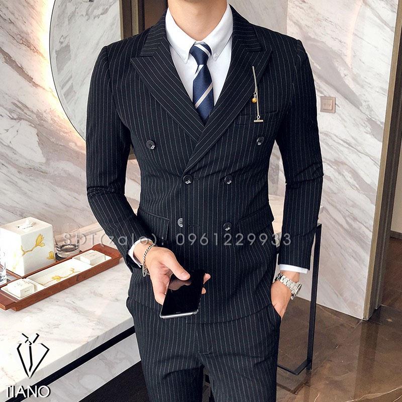 Bộ Vest nam Đen sọc cao cấp 6 cúc kiểu dáng Hàn Quốc, form ôm đẹp. Vải không bai xù chống nhăn cao cấp