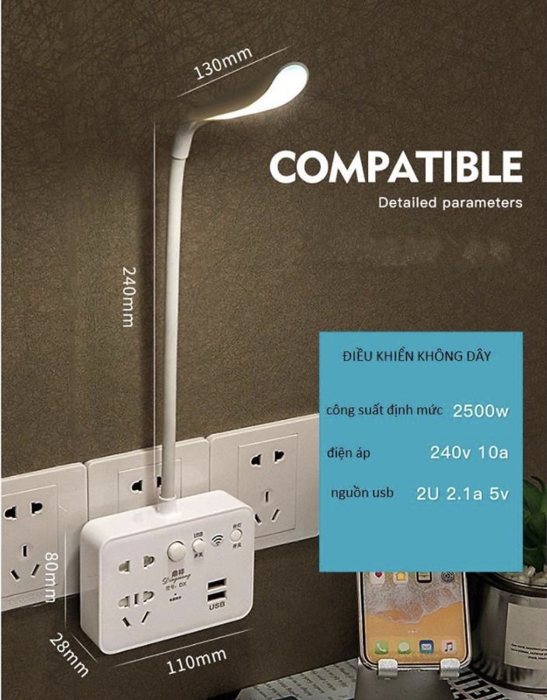 Ổ cắm điện USB tích hợp đèn ngủ có Remote điều khiển E1-L1010