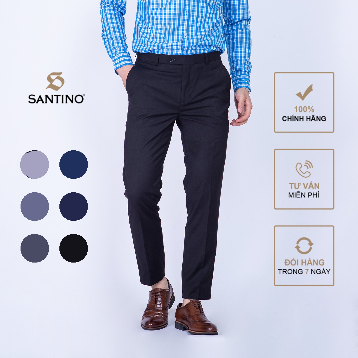 Quần âu nam dài trơn SANTINO, chất liệu Sợi tre dáng ôm slim fit công sở lịch lãm màu đen Q070