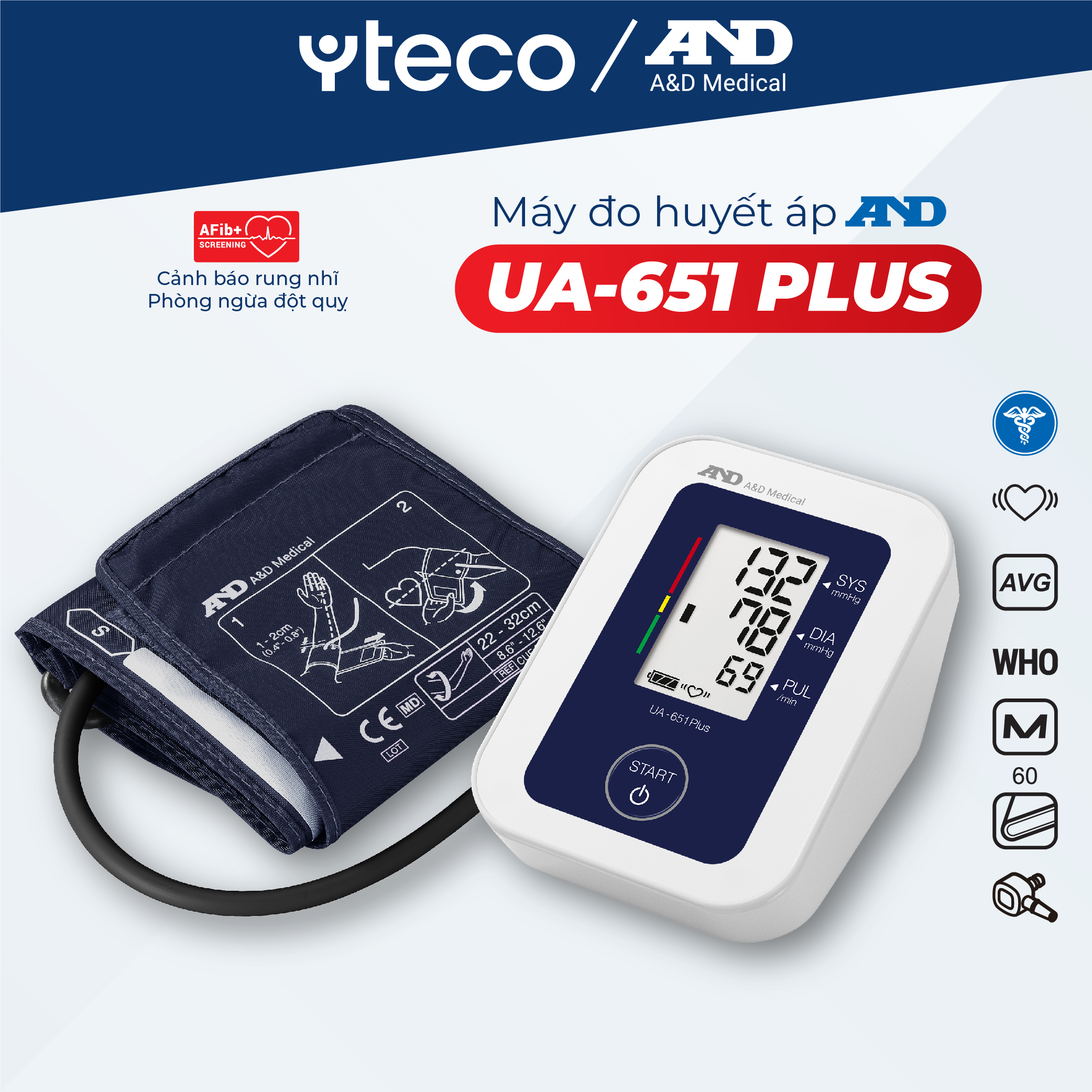 Máy đo huyết áp bắp tay tự động AND UA-651 Plus