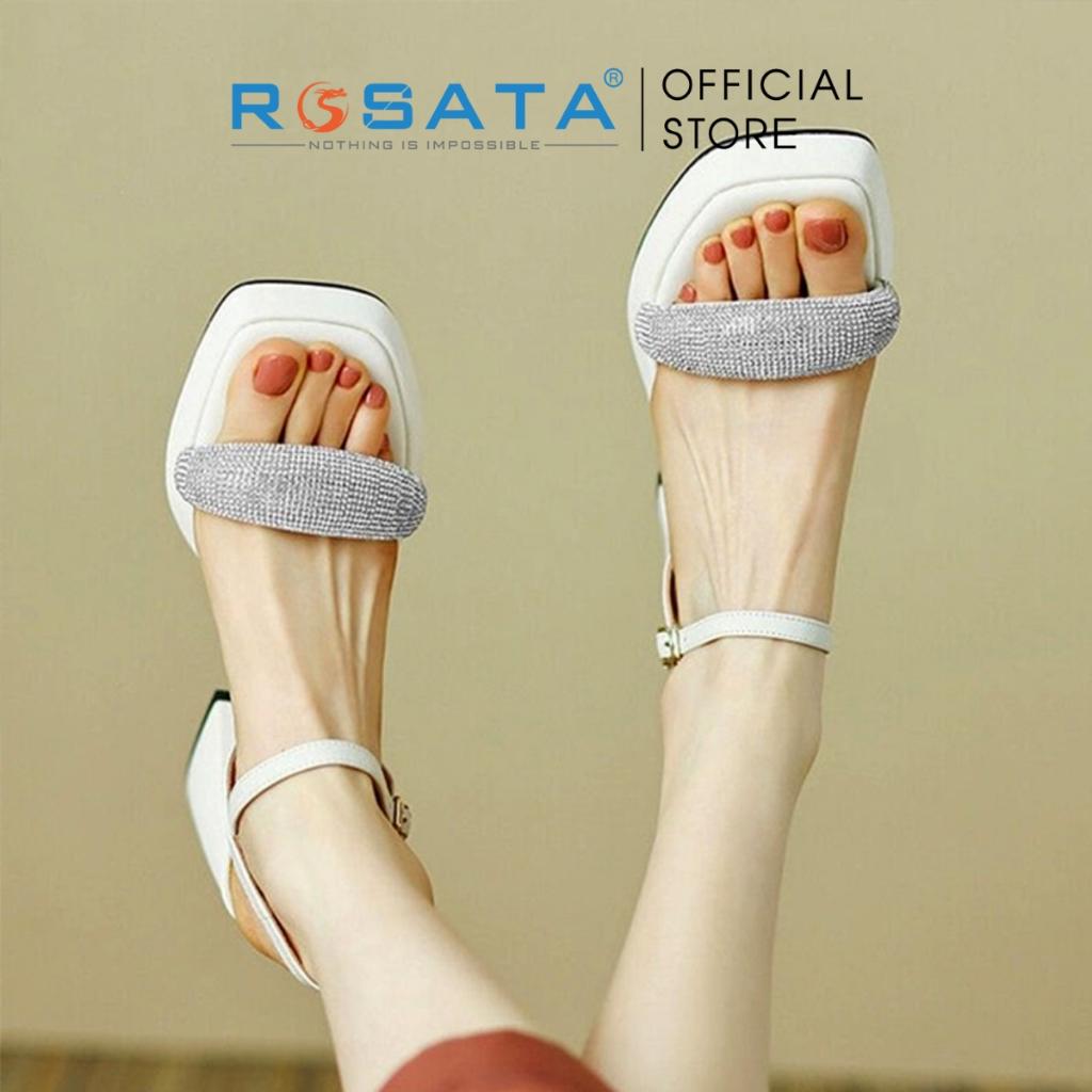 Giày cao gót nữ ROSATA RO469 mũi vuông xỏ ngón đính hạt quai hậu cài khóa dây mảnh gót vuông cao 8cm xuất xứ Việt Nam - Đen