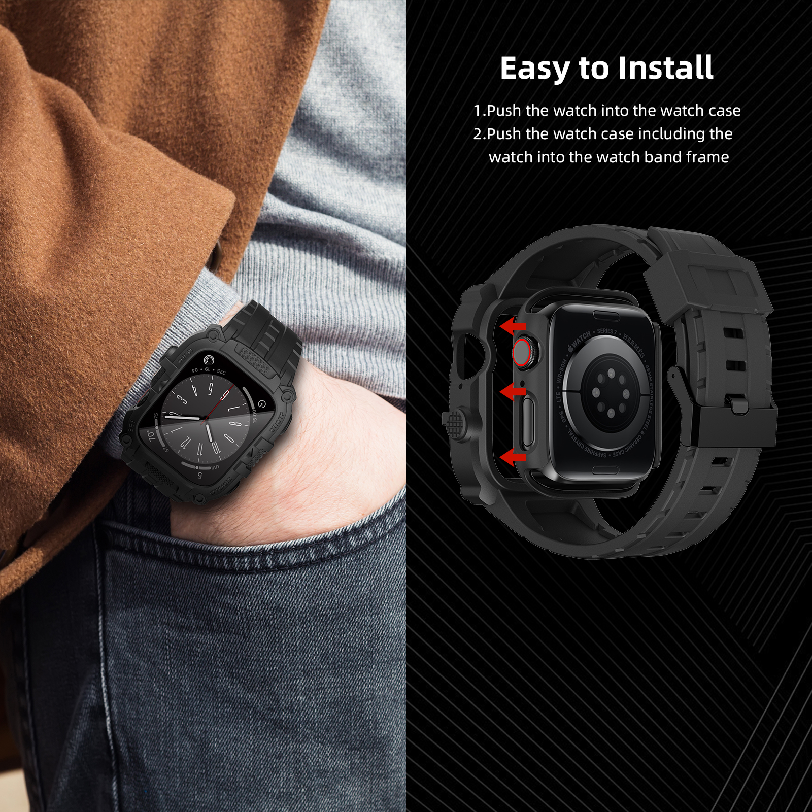 Ốp Case Kính Cường Lực tích hợp dây đeo TANK 360 cho Apple Watch Series 4/5/6/SE/7/8/9/SE1,2 Size 44mm/45mm - Hàng Chính Hãng