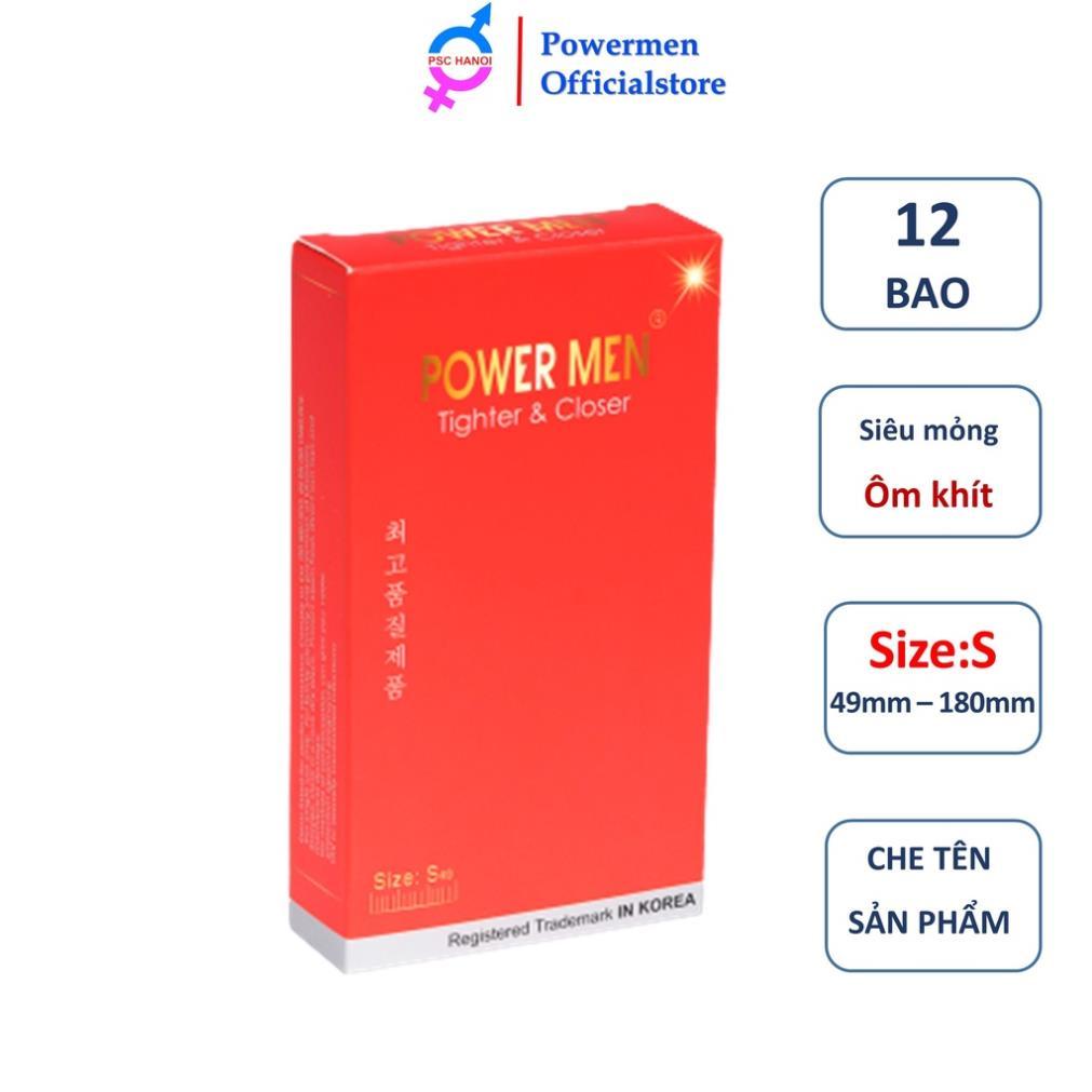 Bao cao su POWER MEN TIGHTER &amp; CLOSER siêu mỏng thiết kế dáng ôm khít 3D chống tuột size nhỏ 49mm hộp 12 chiếc