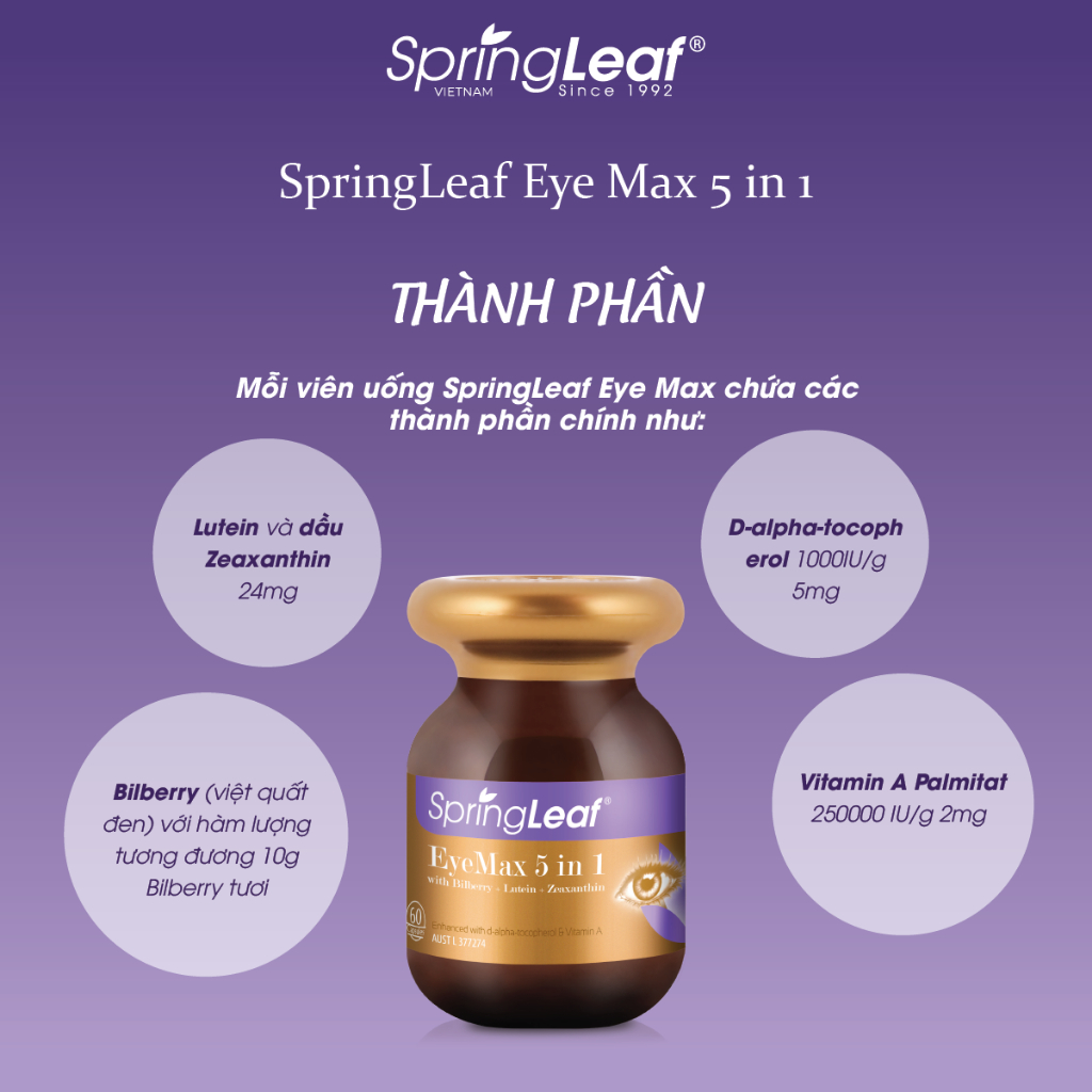 Viên uống bổ mắt giúp mắt khỏe mạnh và hỗ trợ duy trì sức khỏe điểm vàng SpringLeaf EyeMax 5 in 1 60 viên