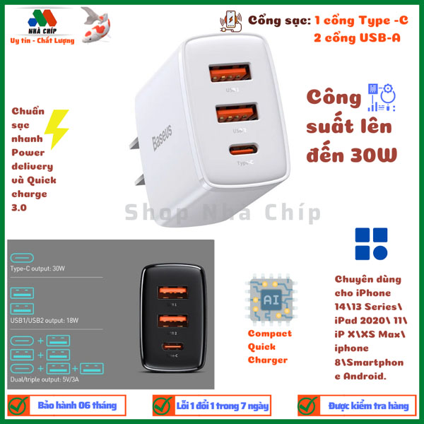 Hình ảnh Cốc sạc nhanh siêu nhỏ gọn Baseus Compact Quick Charger 30W(USB dual port +Type C,30w PD/QC3.0 Multi Quick Charge Support)- Hàng chính hãng