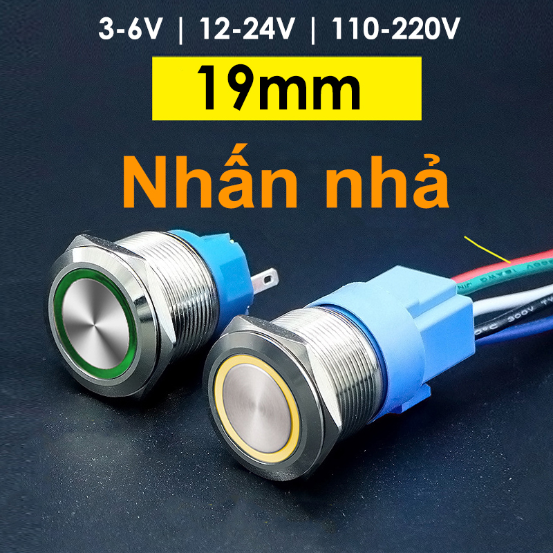 Nút công tắc INOX Nhấn nhả, Nhấn tự phục hồi 19mm Có đèn LED (3-6V, 12-24V, 110-220V)